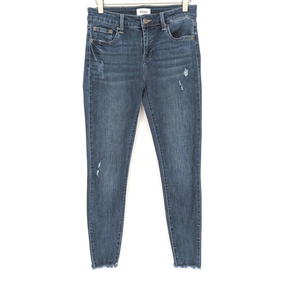 Pistola Skinny Jeans Womens 28 Blue Distressed Raw Hem Mid Rise Dark Wash Modern